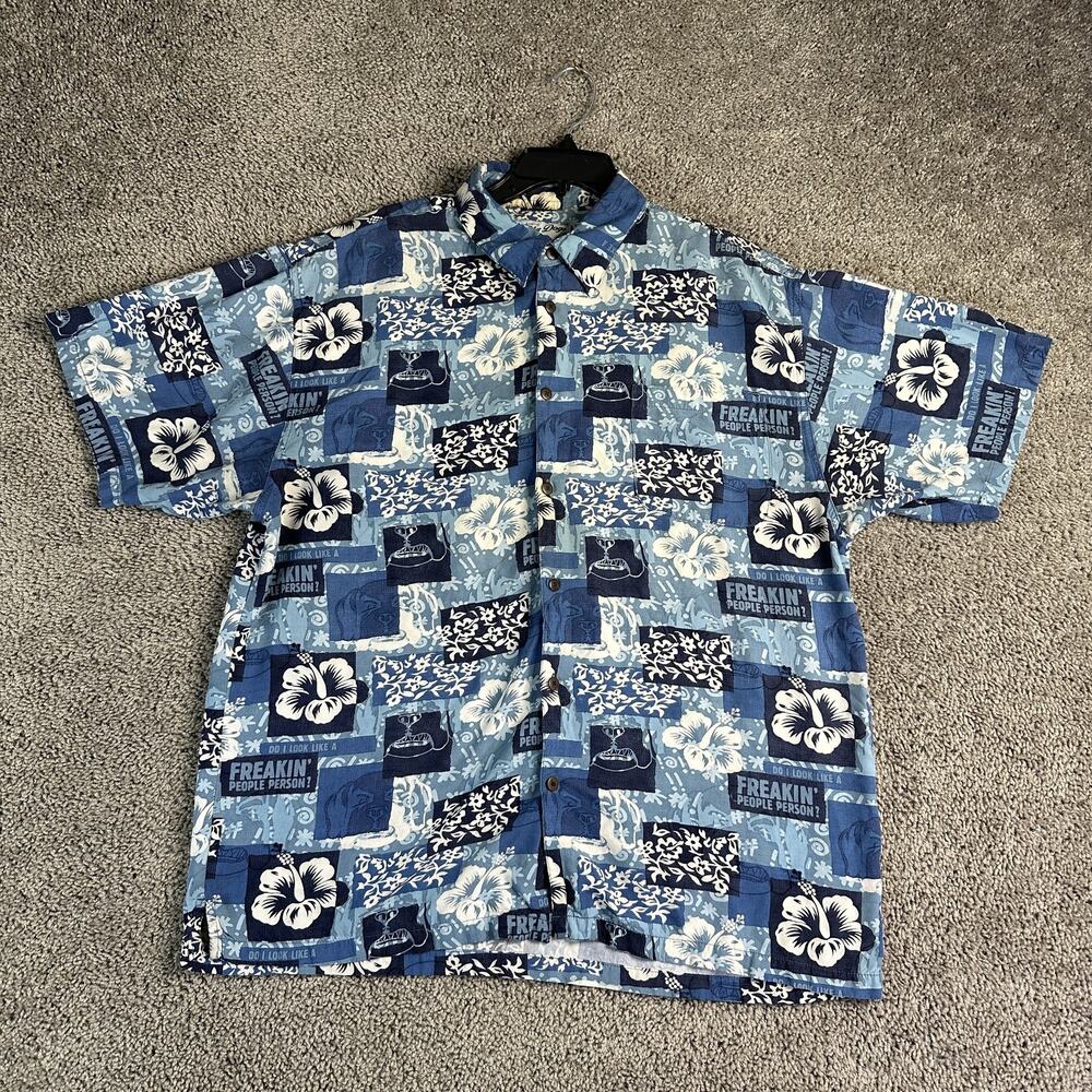Big Dog Hawaiian Shirt Mens Large Blue Rayon Floral Aloha Funny Print Camp